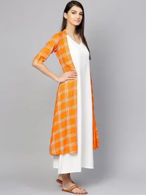 Orange Checkered Rayon Dress With Jacket