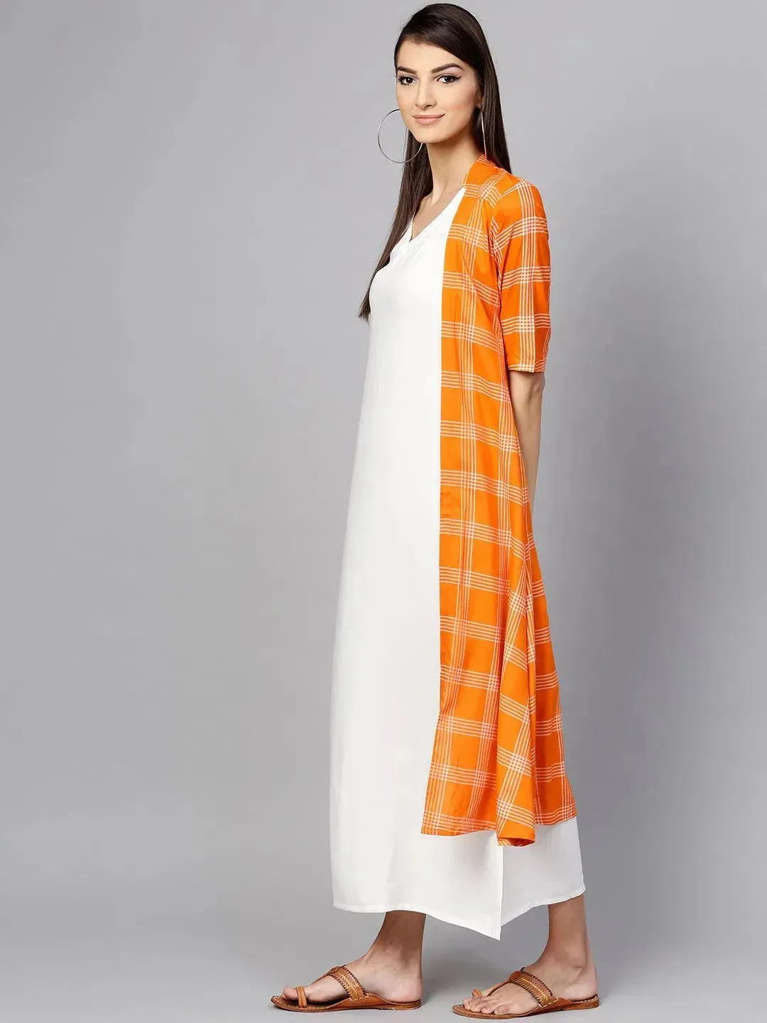 Orange Checkered Rayon Dress With Jacket