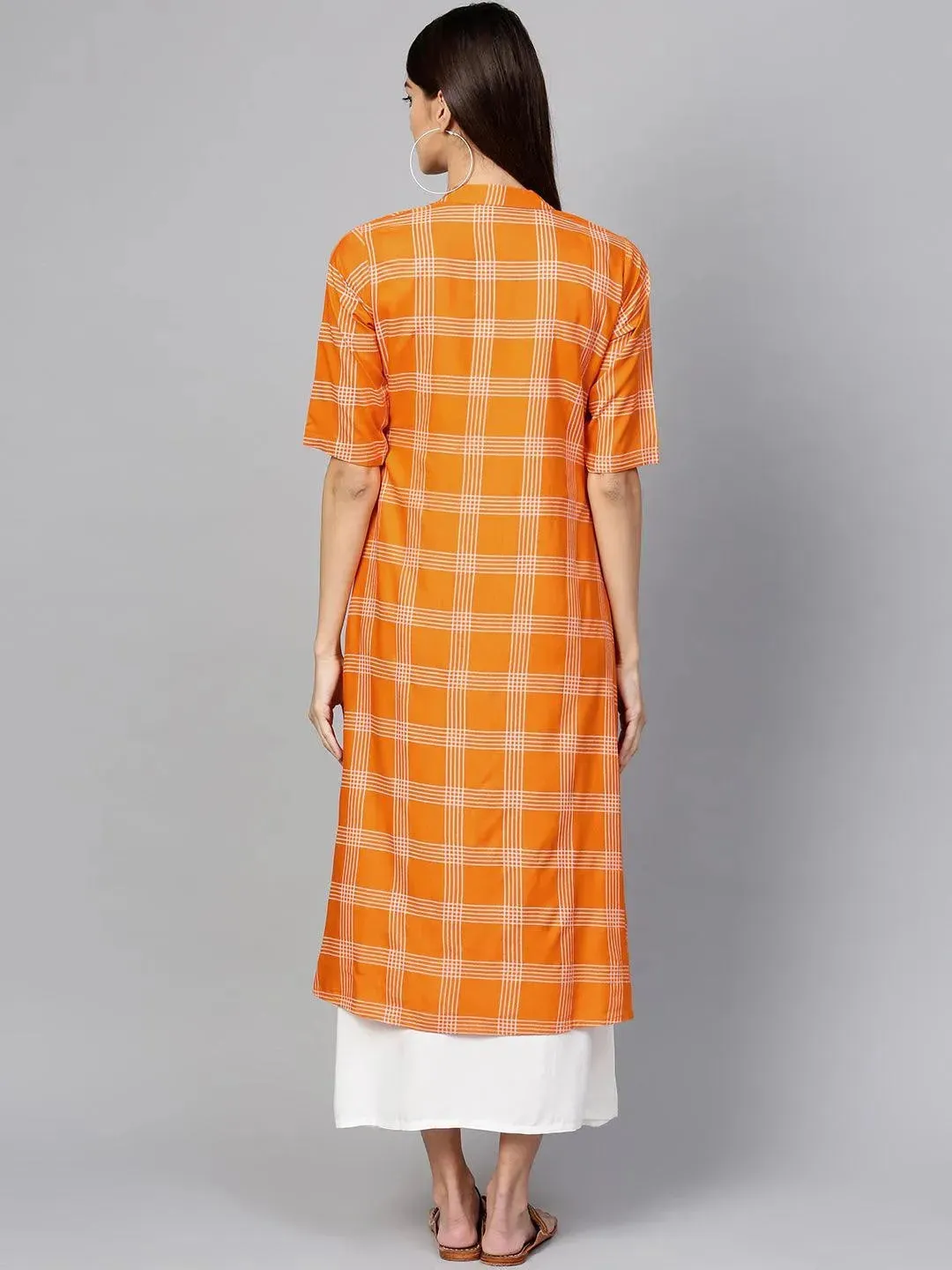 Orange Checkered Rayon Dress With Jacket