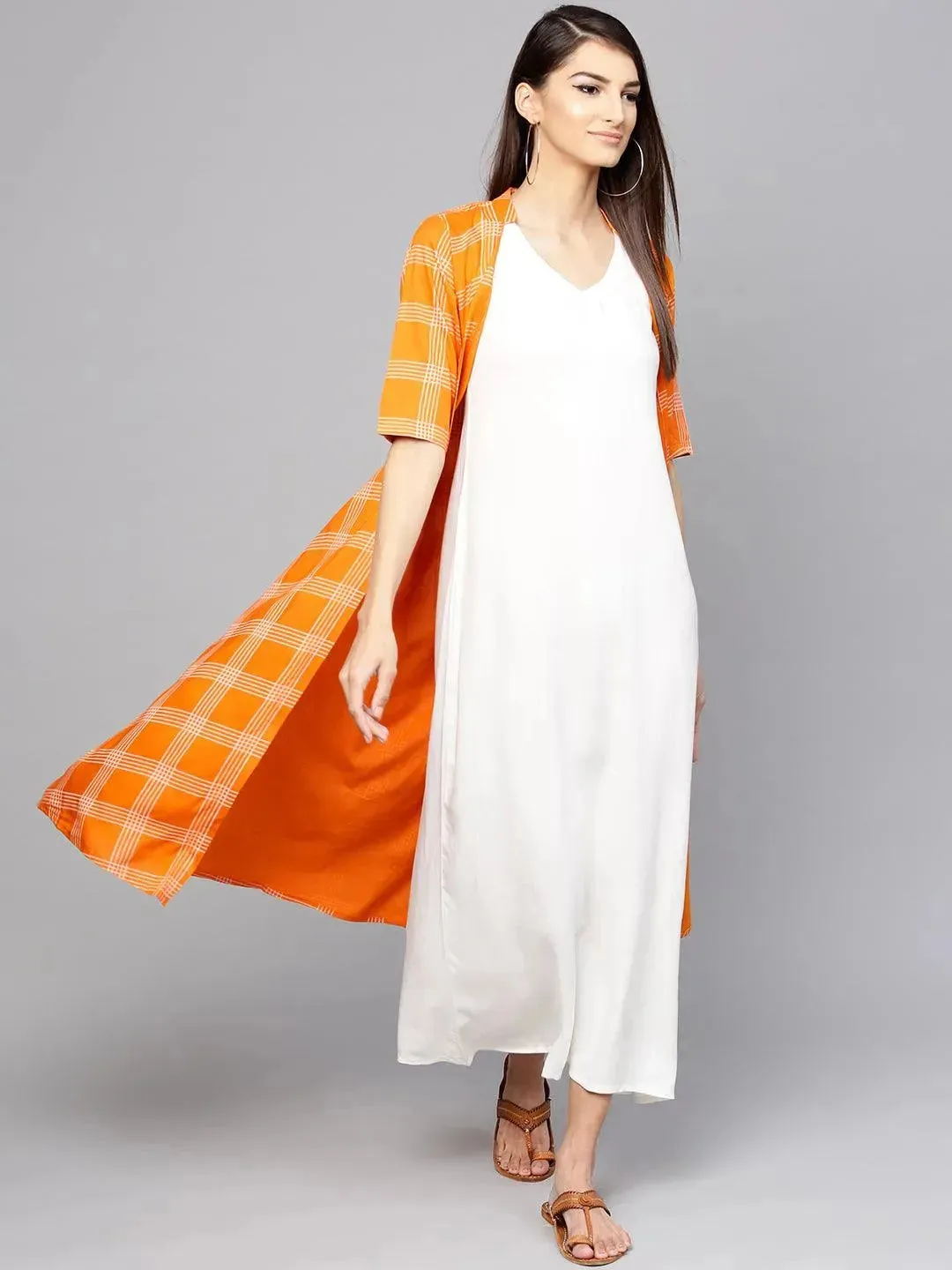 Orange Checkered Rayon Dress With Jacket