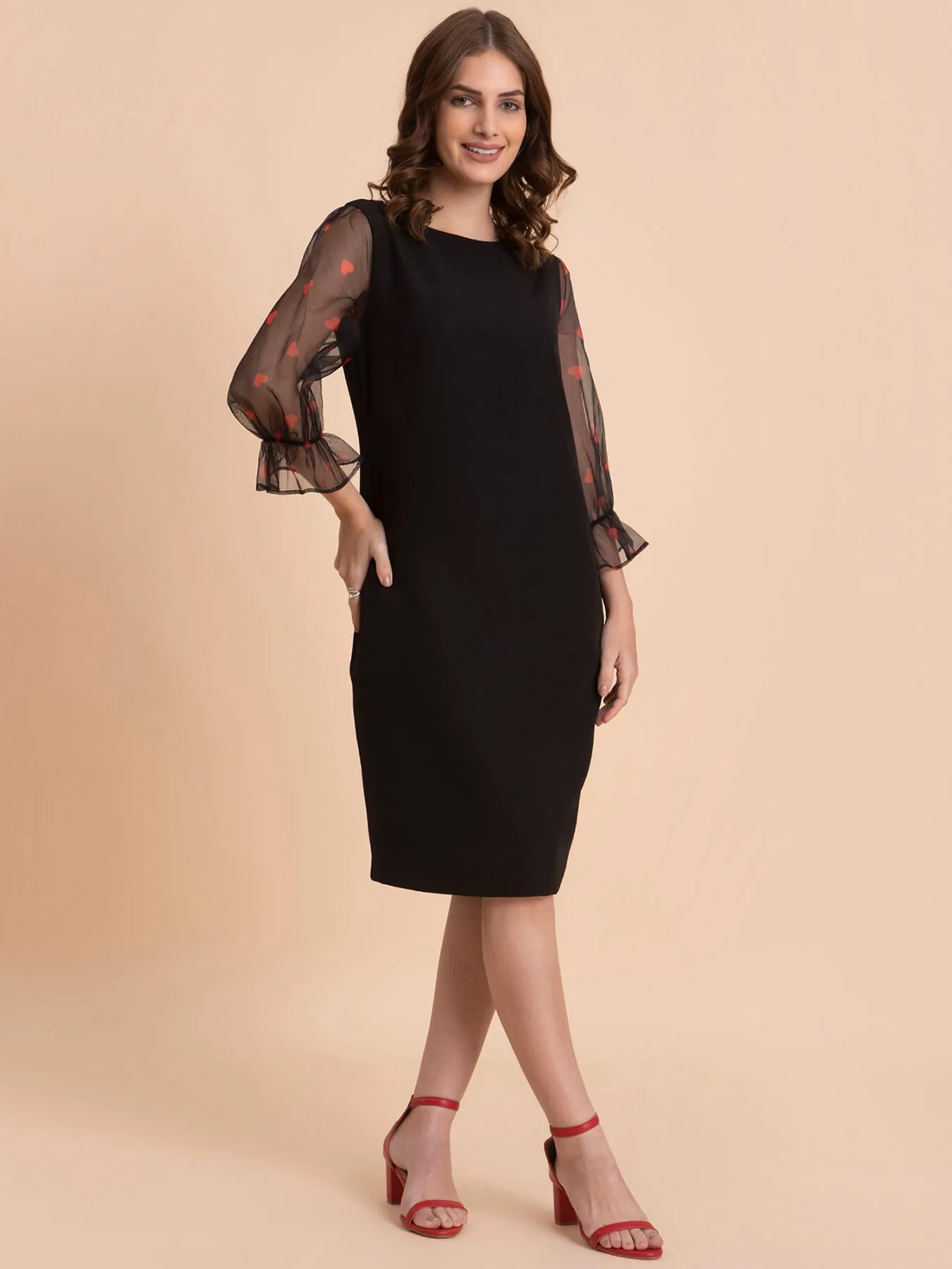 Organza Ruffle Sleeves Dress - Black