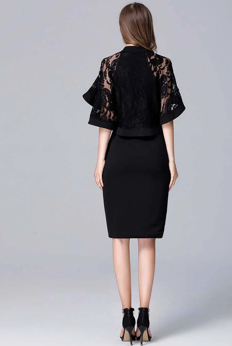 Plus Size Dolman Sleeve Lace Patchwork Midi Dress