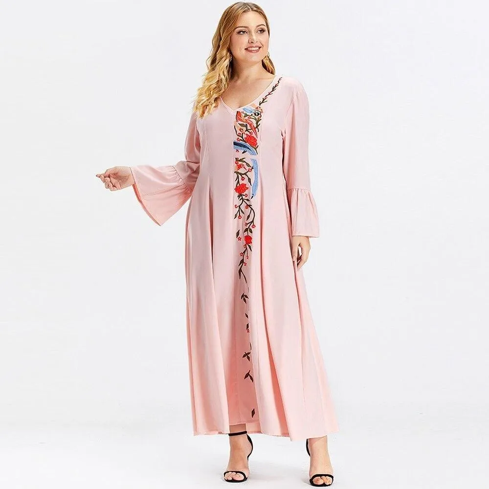 Plus Size V-Neck Long Sleeve Embroidery Floral Tunic Maxi Dress