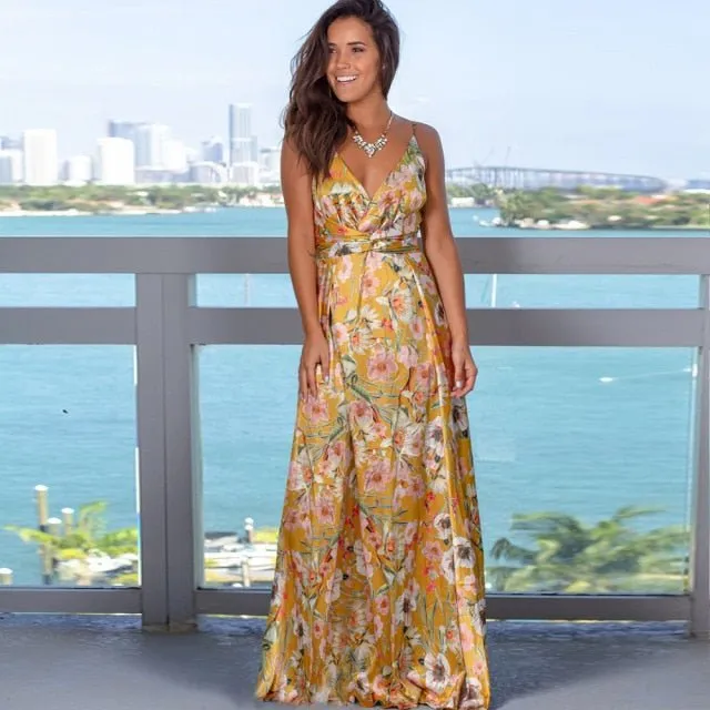Pretty Prints V-Neck Sleeveless Empire Waste Slit Maxi Dress