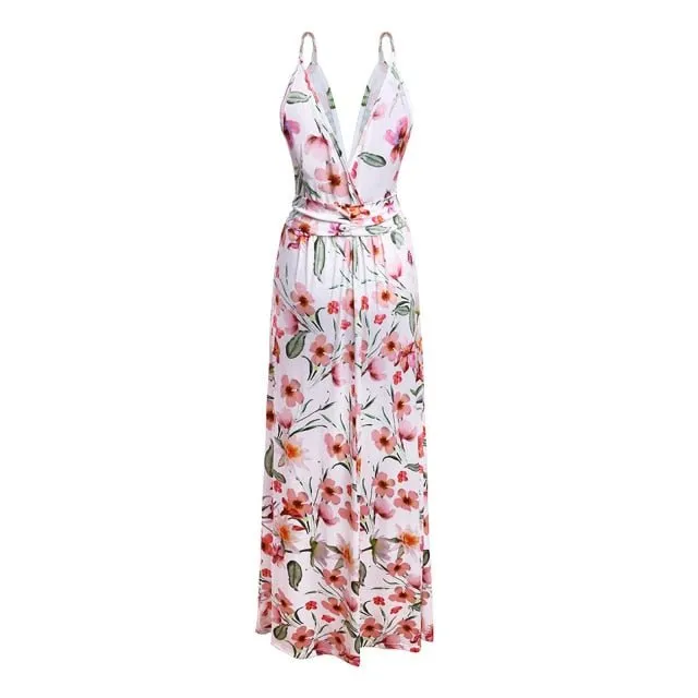 Pretty Prints V-Neck Sleeveless Empire Waste Slit Maxi Dress