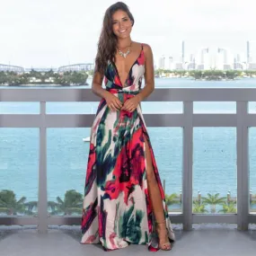 Pretty Prints V-Neck Sleeveless Empire Waste Slit Maxi Dress