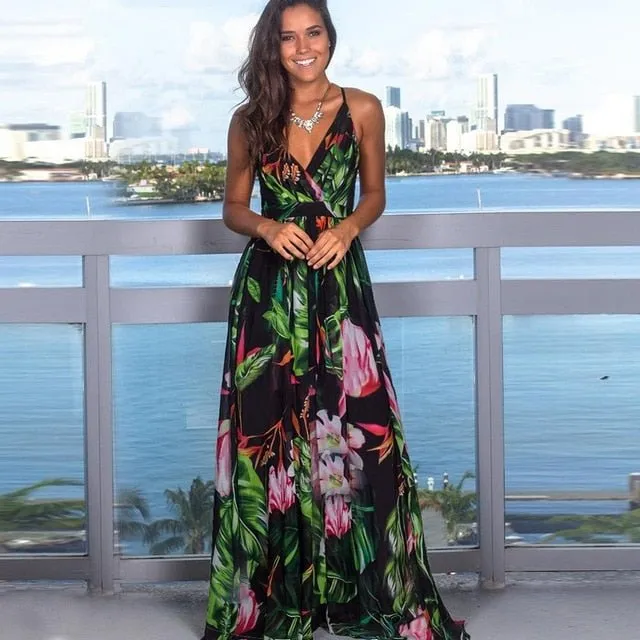 Pretty Prints V-Neck Sleeveless Empire Waste Slit Maxi Dress