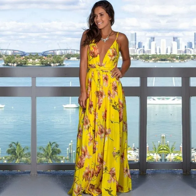Pretty Prints V-Neck Sleeveless Empire Waste Slit Maxi Dress