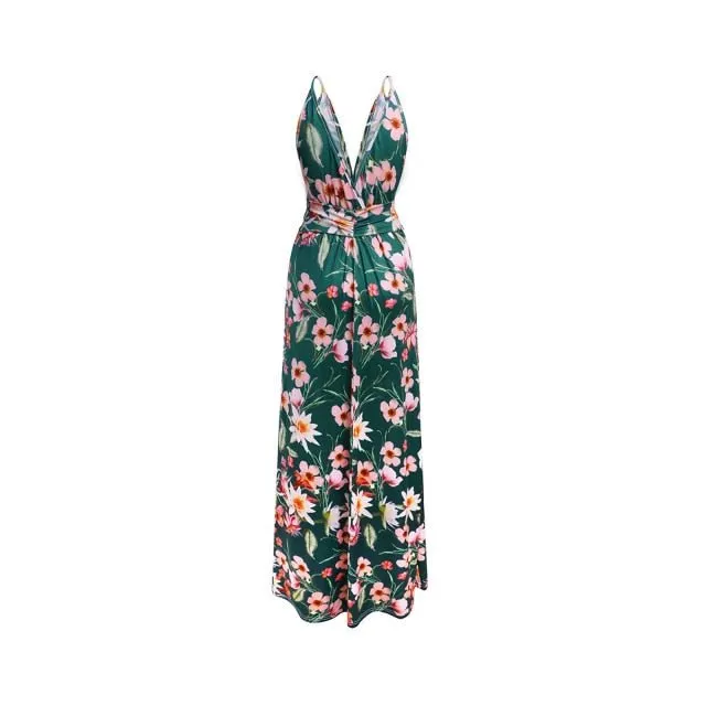 Pretty Prints V-Neck Sleeveless Empire Waste Slit Maxi Dress