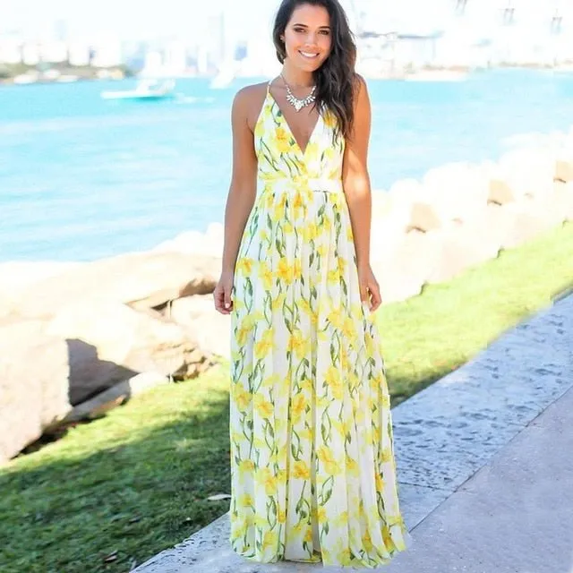 Pretty Prints V-Neck Sleeveless Empire Waste Slit Maxi Dress