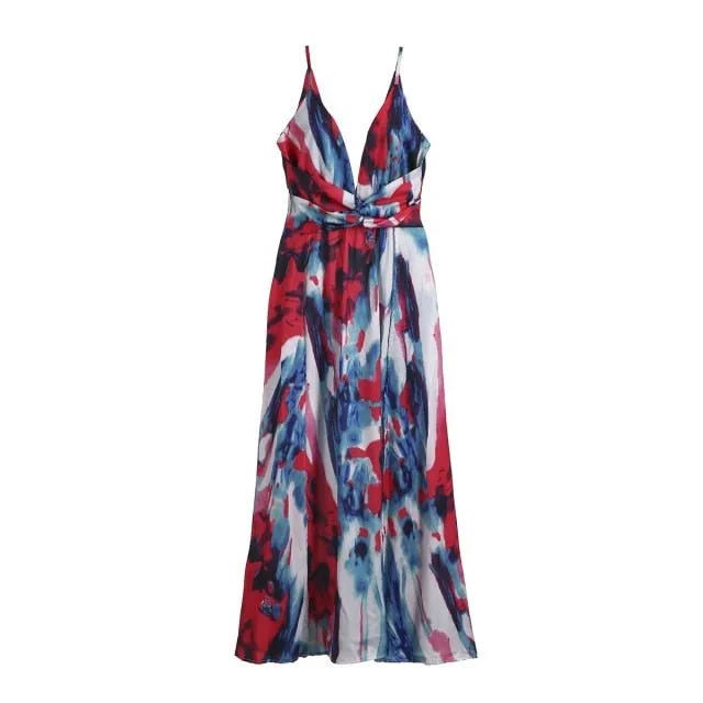 Pretty Prints V-Neck Sleeveless Empire Waste Slit Maxi Dress