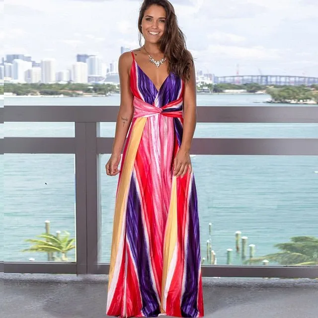 Pretty Prints V-Neck Sleeveless Empire Waste Slit Maxi Dress
