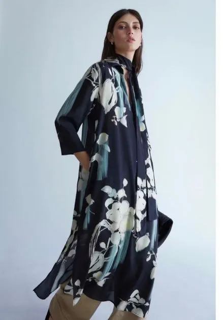 Psophia Sumi-e Japanese Print V-Neck Tunic Dress with Side Slits