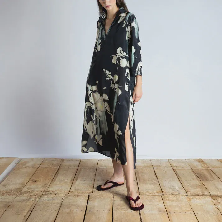 Psophia Sumi-e Japanese Print V-Neck Tunic Dress with Side Slits
