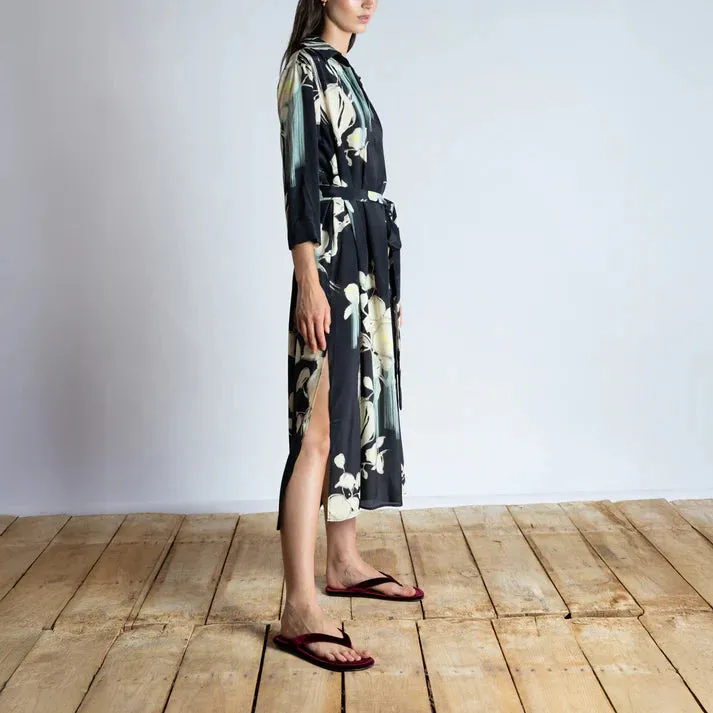 Psophia Sumi-e Japanese Print V-Neck Tunic Dress with Side Slits