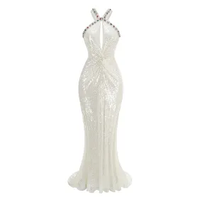 Radiant Jewel Embellished Twist Cutout Sleeveless Sequin Fishtail Maxi Dress