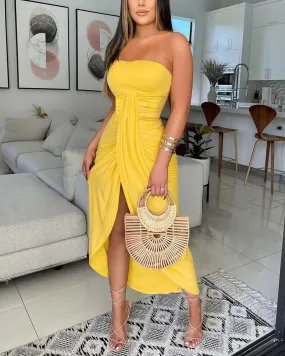 Ruched Slit Casual Tube Dress