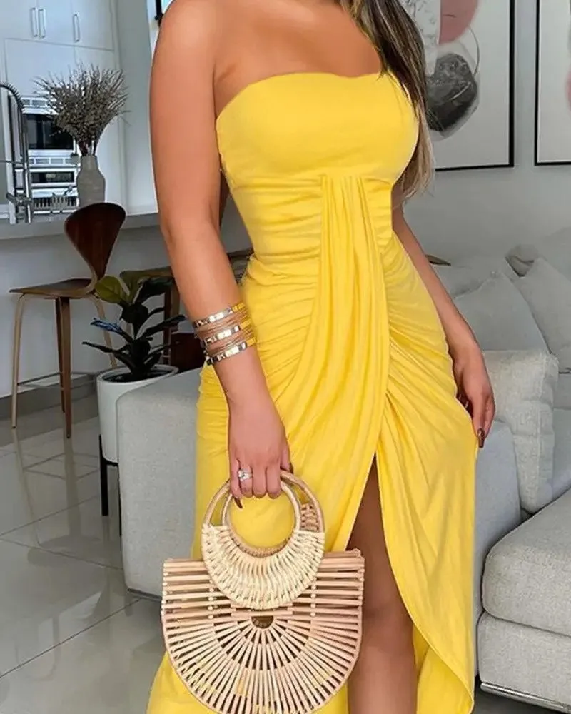 Ruched Slit Casual Tube Dress