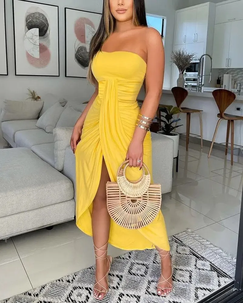 Ruched Slit Casual Tube Dress