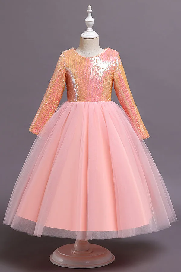Short A-line Sequins Tulle Flower Girl Dresses with Sleeves