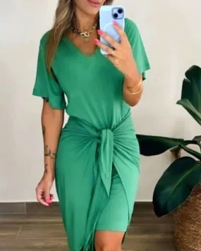 Short Sleeve V Neck Tied Detail Casual Dress