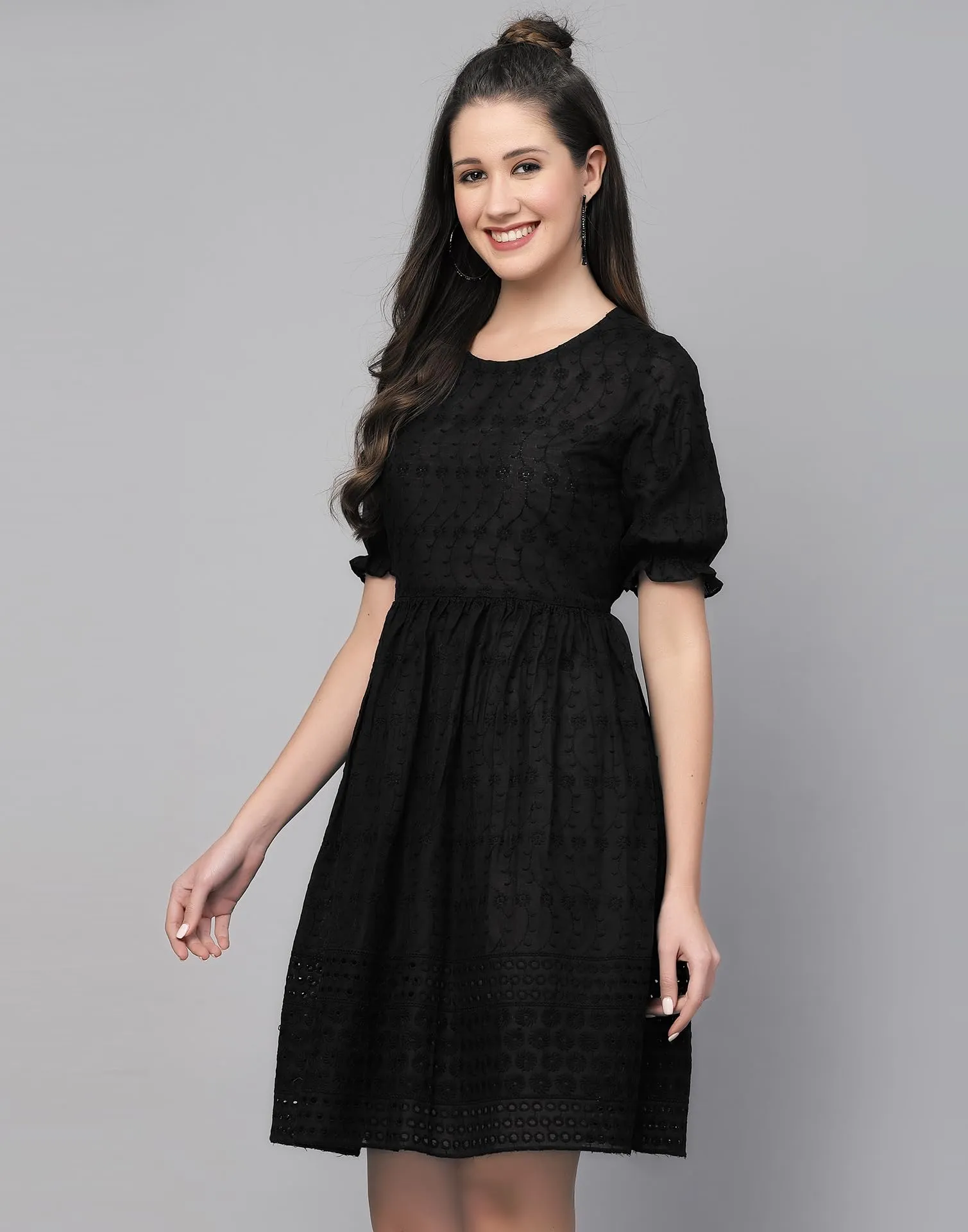 SIRIL Western Dress | Cotton Embroidery Dress for Women | One Piece Dress for Women (443TK7431-M_Black)