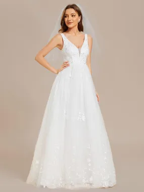 Sleeveless V-Neck A Line Embroidered Tulle Wedding Dress with Applique