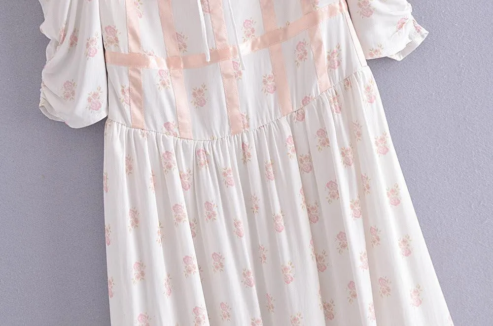 Summer Romantic French Floral Printed Square Collar Puff Sleeve Side Split Dress Temperament Bandage
