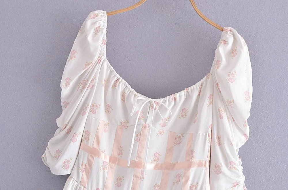Summer Romantic French Floral Printed Square Collar Puff Sleeve Side Split Dress Temperament Bandage