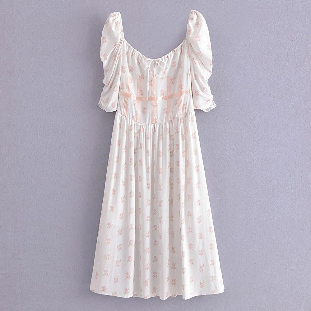 Summer Romantic French Floral Printed Square Collar Puff Sleeve Side Split Dress Temperament Bandage