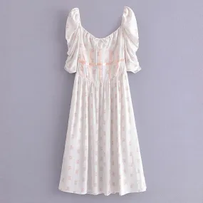 Summer Romantic French Floral Printed Square Collar Puff Sleeve Side Split Dress Temperament Bandage
