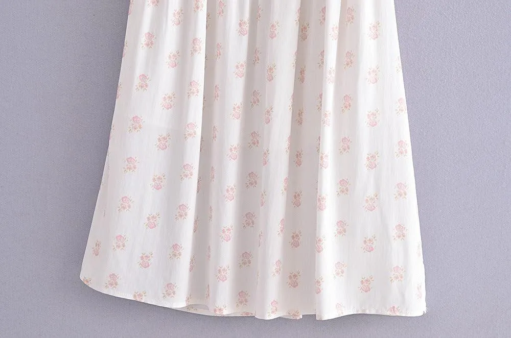 Summer Romantic French Floral Printed Square Collar Puff Sleeve Side Split Dress Temperament Bandage