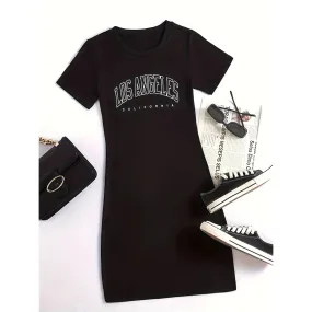 Summer Women's Los Angeles Print Casual Slim Fit T-shirt Dress