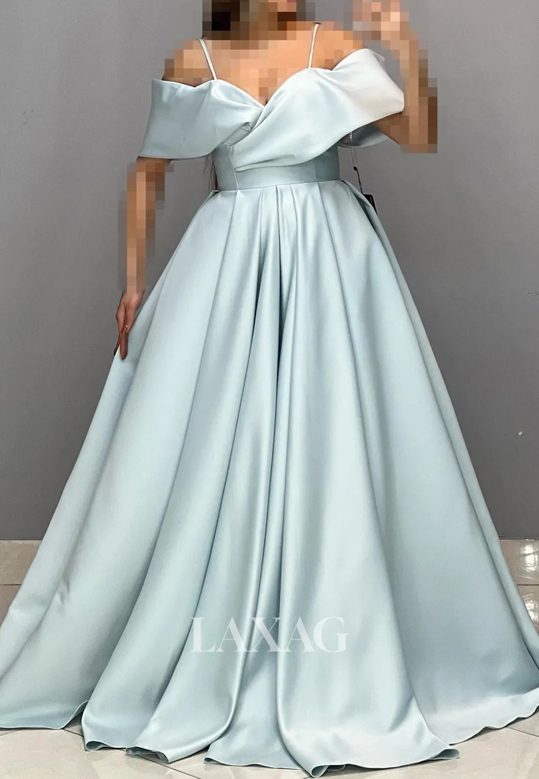 Sweetheart Spaghetti Straps Off-Shoulder Sleeveless Pleated Satin A-Line Prom Dress with Sweep Train