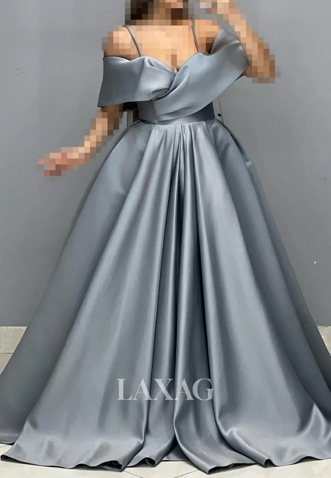 Sweetheart Spaghetti Straps Off-Shoulder Sleeveless Pleated Satin A-Line Prom Dress with Sweep Train