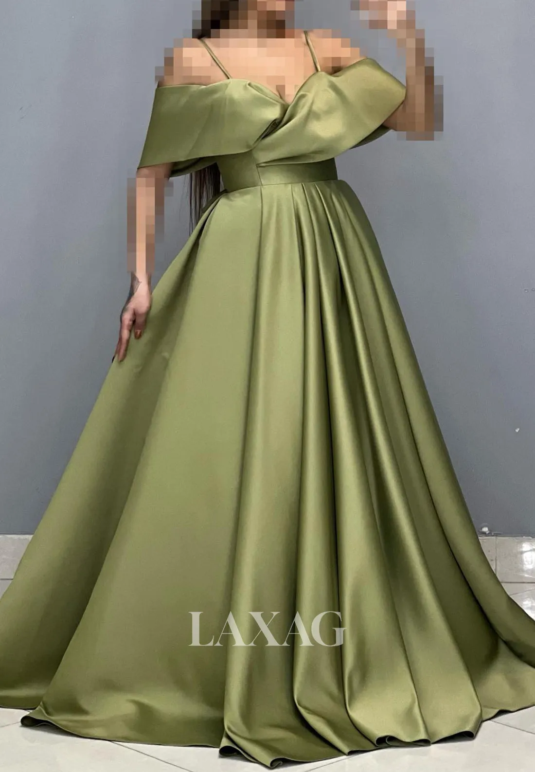 Sweetheart Spaghetti Straps Off-Shoulder Sleeveless Pleated Satin A-Line Prom Dress with Sweep Train