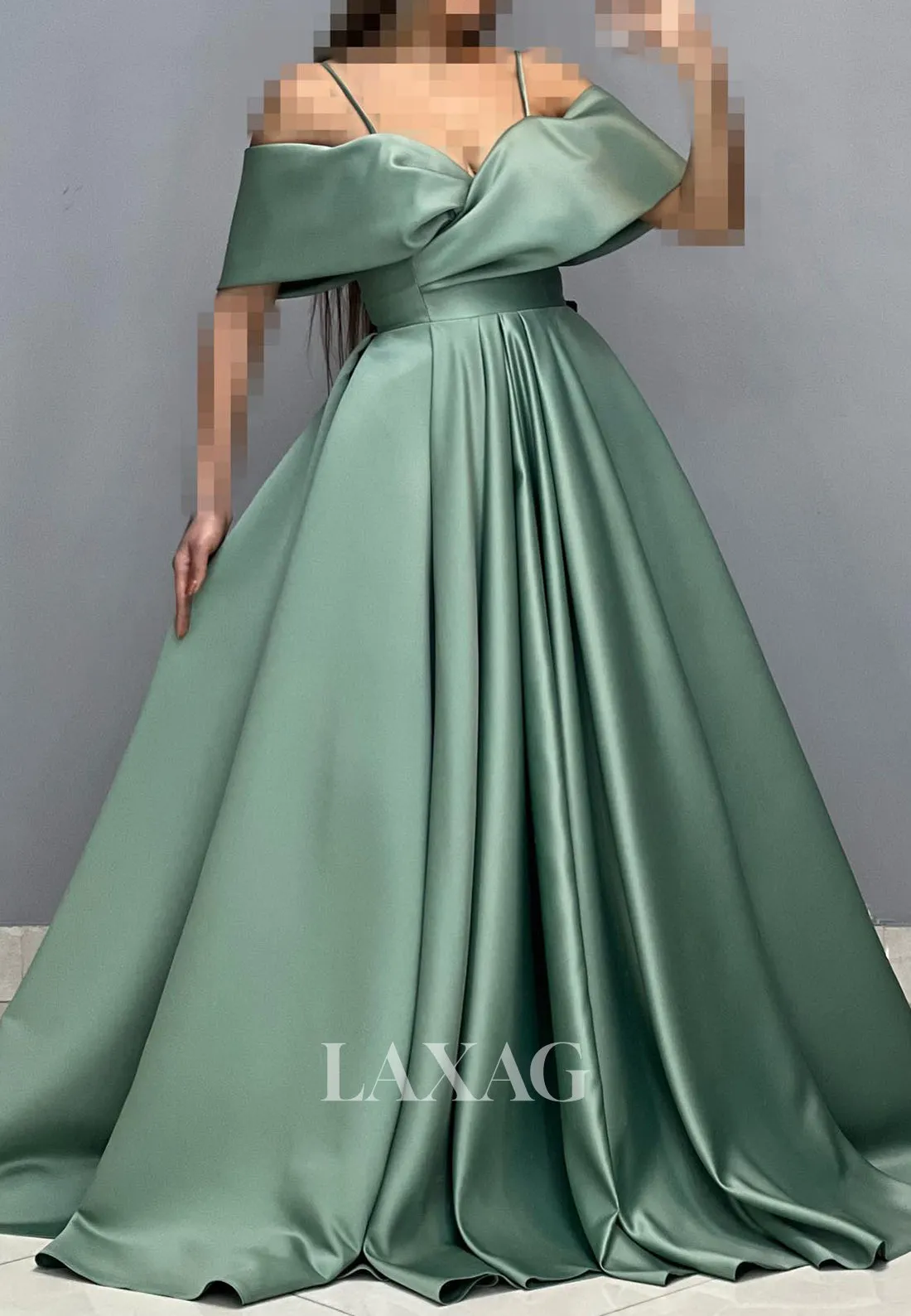 Sweetheart Spaghetti Straps Off-Shoulder Sleeveless Pleated Satin A-Line Prom Dress with Sweep Train