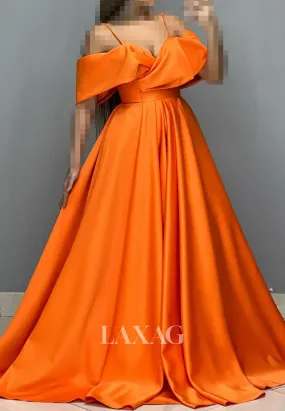Sweetheart Spaghetti Straps Off-Shoulder Sleeveless Pleated Satin A-Line Prom Dress with Sweep Train