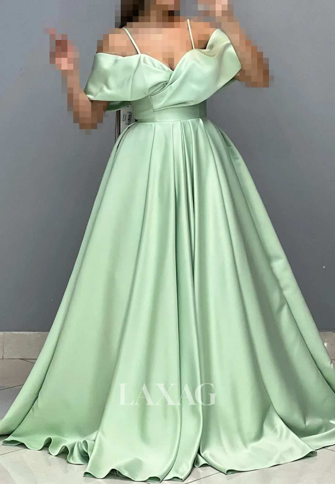 Sweetheart Spaghetti Straps Off-Shoulder Sleeveless Pleated Satin A-Line Prom Dress with Sweep Train