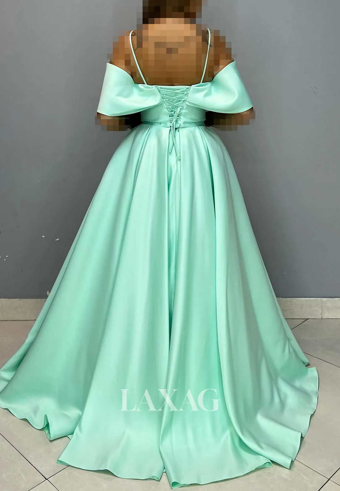 Sweetheart Spaghetti Straps Off-Shoulder Sleeveless Pleated Satin A-Line Prom Dress with Sweep Train