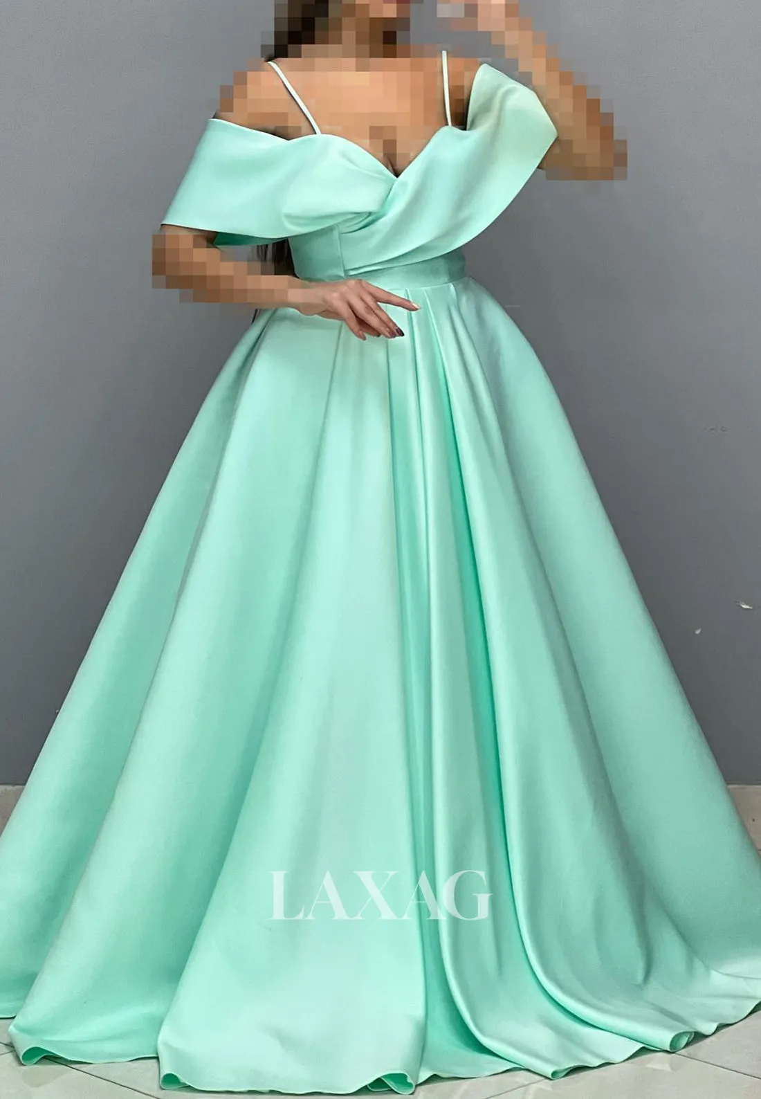 Sweetheart Spaghetti Straps Off-Shoulder Sleeveless Pleated Satin A-Line Prom Dress with Sweep Train