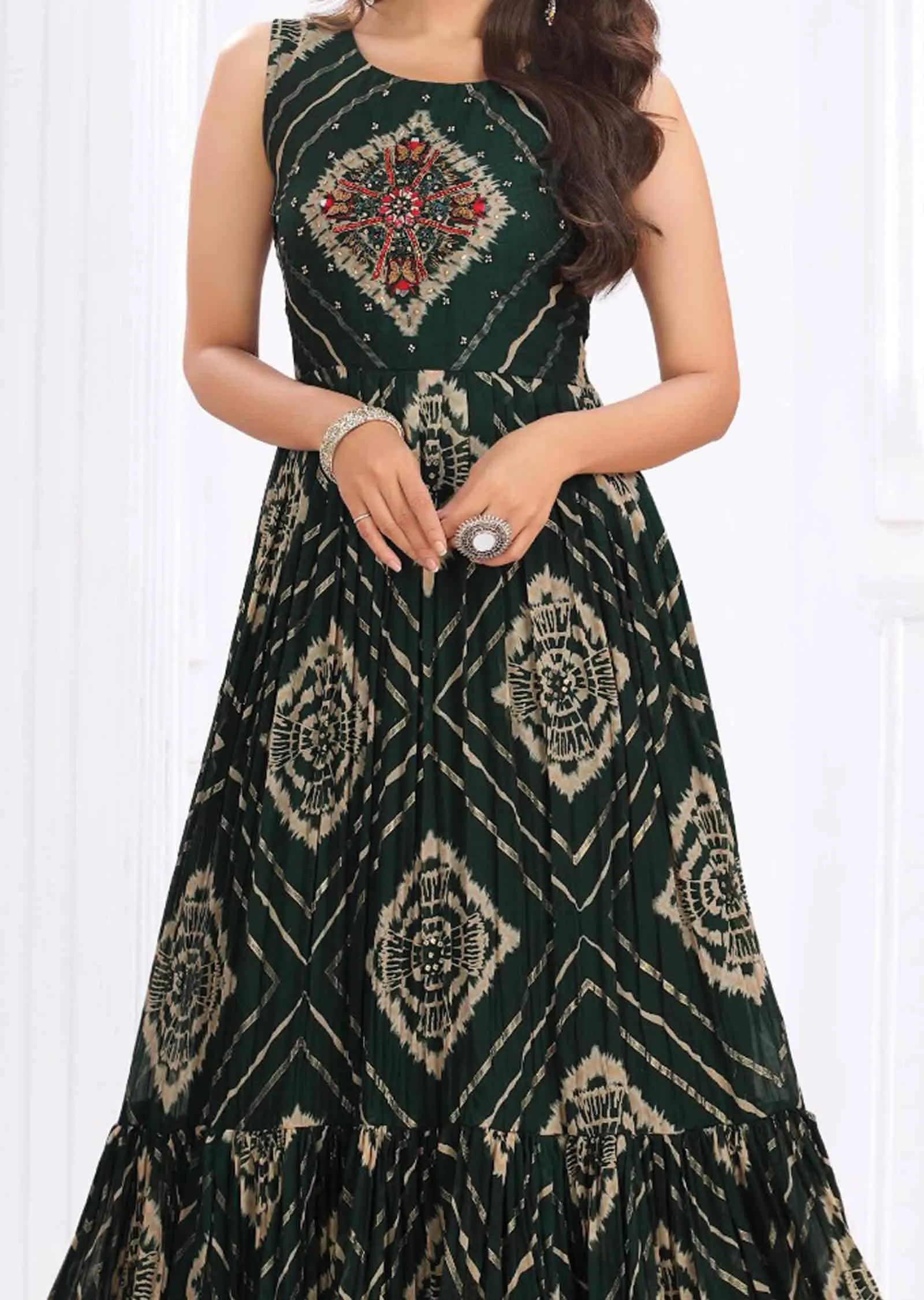Teal Blue Chiffon Zardosi & EmbroideredFull Length Kurti
