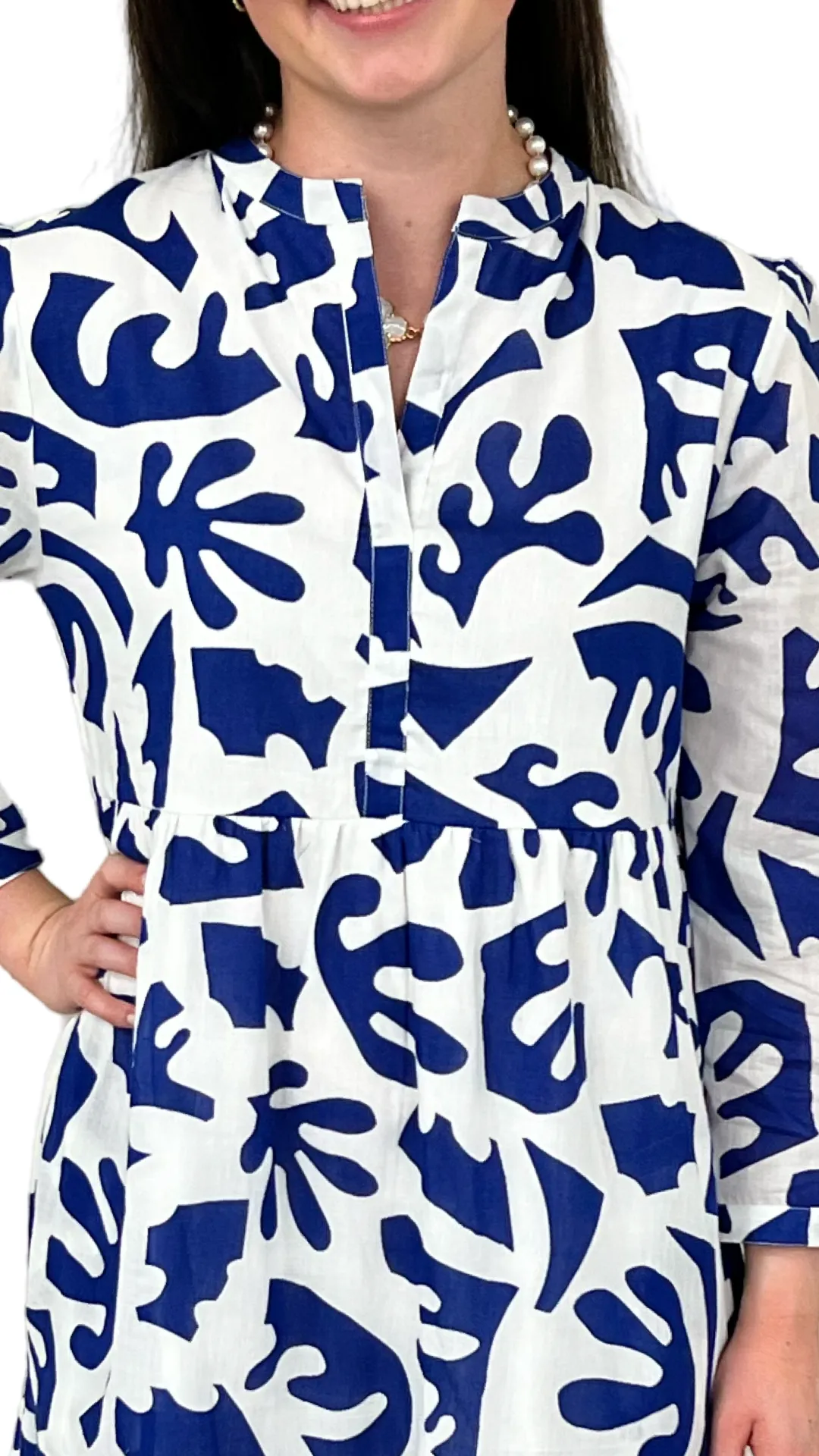 The Addison 3/4 Sleeve Long Dress in Royal and White
