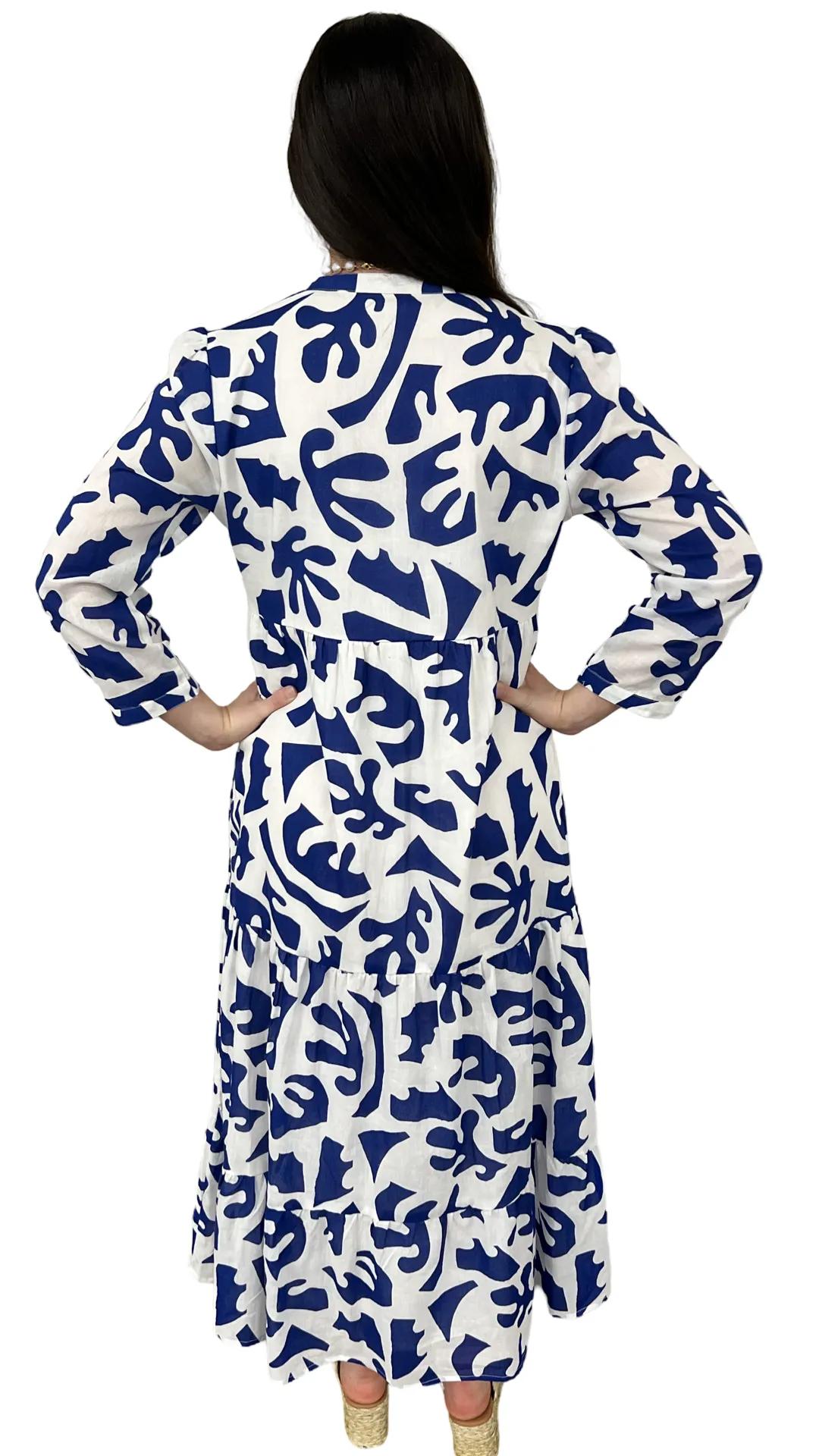The Addison 3/4 Sleeve Long Dress in Royal and White