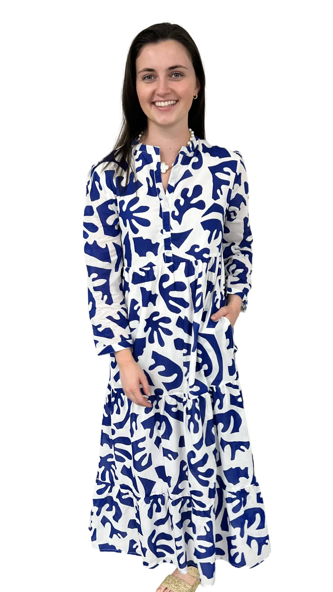 The Addison 3/4 Sleeve Long Dress in Royal and White