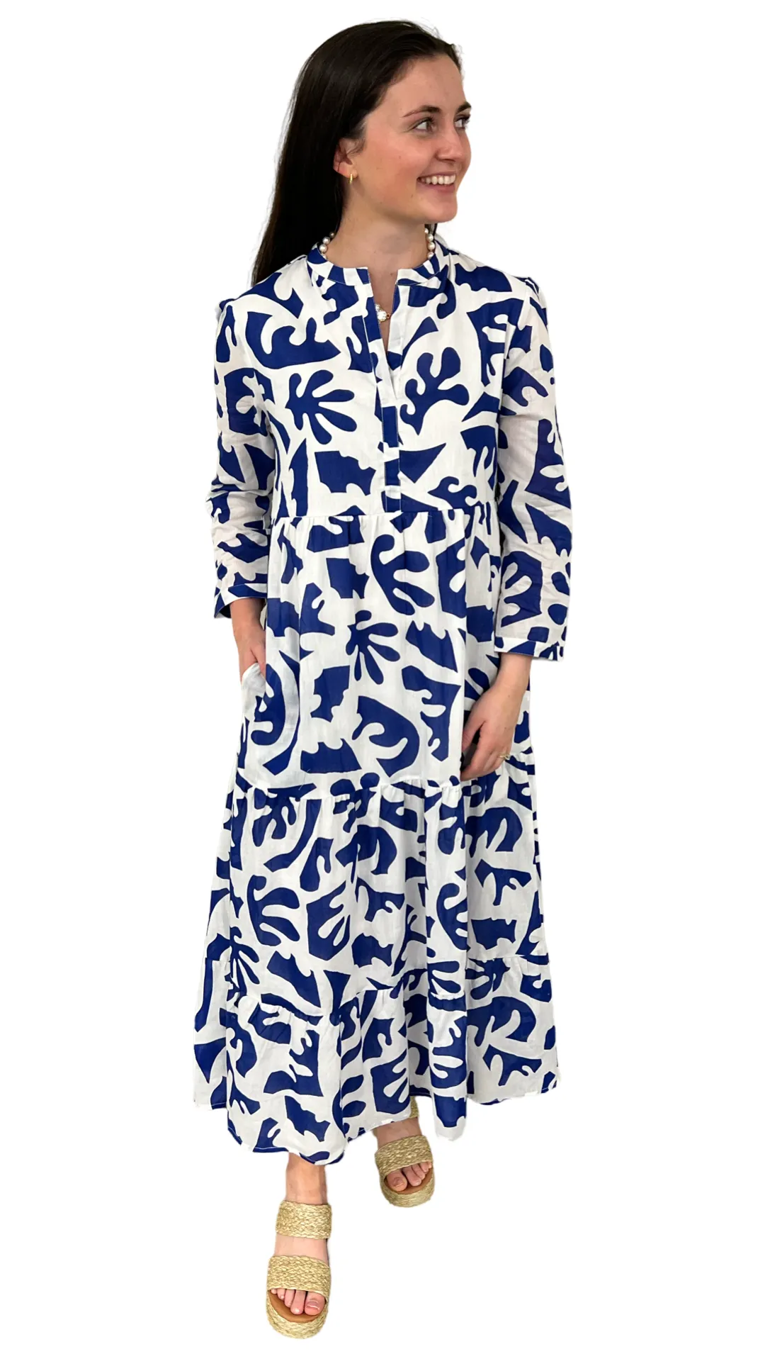The Addison 3/4 Sleeve Long Dress in Royal and White