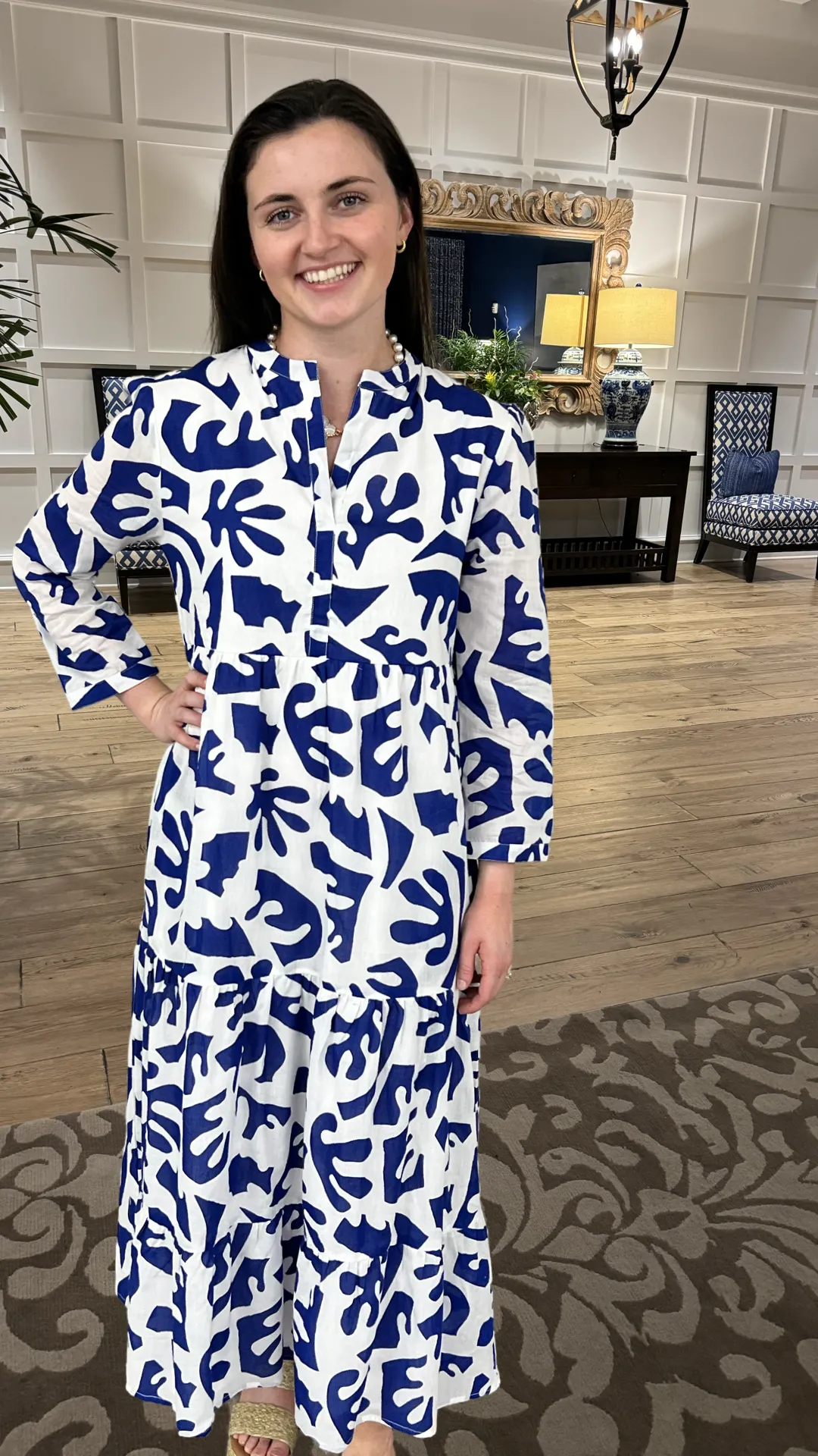 The Addison 3/4 Sleeve Long Dress in Royal and White