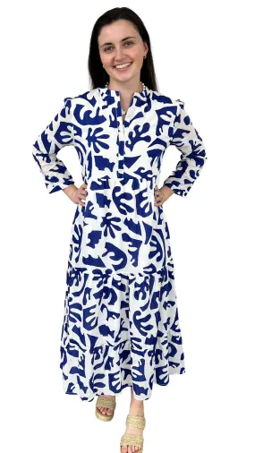 The Addison 3/4 Sleeve Long Dress in Royal and White