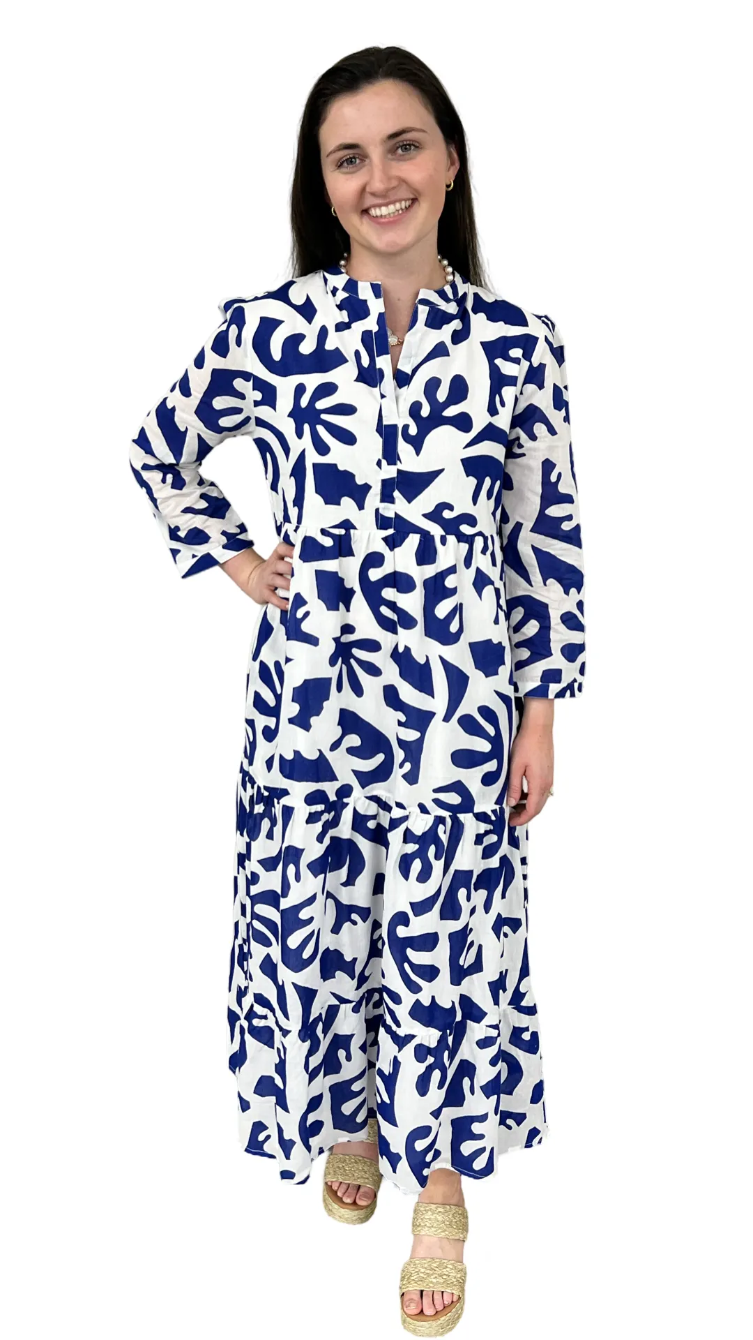 The Addison 3/4 Sleeve Long Dress in Royal and White
