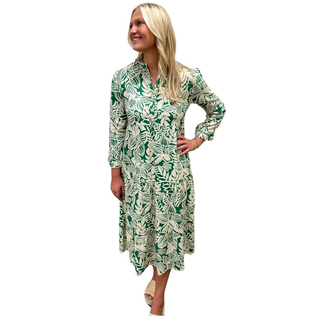 The Penny Long Length Dress in Emerald and Cream